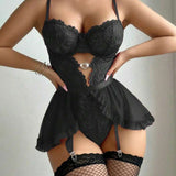 Sexy Lace Hollow Heart-Shaped Decoration Detachable Waist Seal One-Piece Pajamas Two-Piece Set