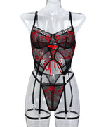 Sexy Flower Embroidered Cross Strap Pajamas Three Piece Set