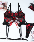 Sexy Flower Embroidered Cross Strap Pajamas Three Piece Set