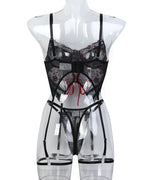 Sexy Flower Embroidered Cross Strap Pajamas Three Piece Set