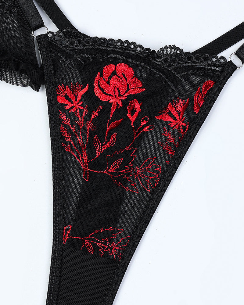 Sexy Flower Embroidered Cross Strap Pajamas Three Piece Set