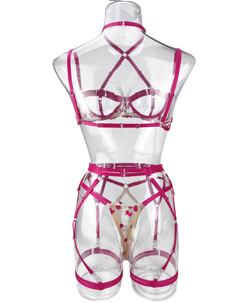 Sexy Floral Lace Two-Color Stitching Heart Decoration Adjustable Strap Design Set