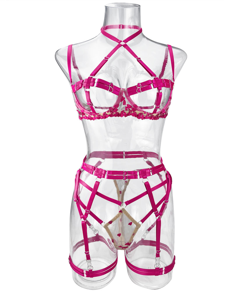Sexy Floral Lace Two-Color Stitching Heart Decoration Adjustable Strap Design Set