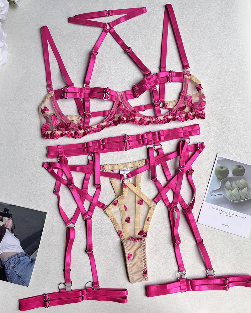 Sexy Floral Lace Two-Color Stitching Heart Decoration Adjustable Strap Design Set