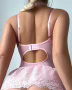 Sexy Floral Lace Low Cut Suspender Babydoll Dress with Garter Stockings