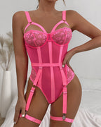 Sexy Deep V Skull Lace Embroidered Mesh Bodysuit