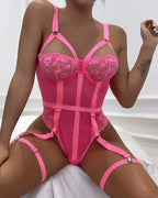 Sexy Deep V Skull Lace Embroidered Mesh Bodysuit