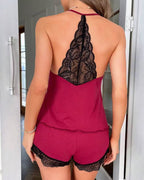 Milk Silk V-neck Suspender Lace Back Colorblock Top and Shorts Pajama Set