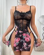 Sexy Lace Stitching Perspective Floral High Slit Suspender Nightdress