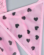 Sexy Lace See-Through Heart Print Camisole Nightdress and Thong Set