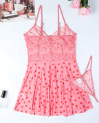 Sexy Lace See-Through Heart Print Camisole Nightdress and Thong Set