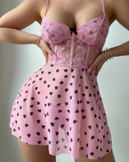 Sexy Lace See-Through Heart Print Camisole Nightdress and Thong Set