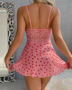 Sexy Lace See-Through Heart Print Camisole Nightdress and Thong Set