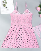Sexy Lace See-Through Heart Print Camisole Nightdress and Thong Set