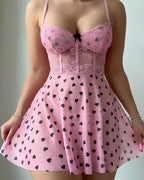 Sexy Lace See-Through Heart Print Camisole Nightdress and Thong Set
