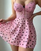 Sexy Lace See-Through Heart Print Camisole Nightdress and Thong Set
