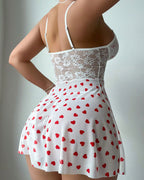Sexy Lace See-Through Heart Print Camisole Nightdress and Thong Set