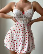 Sexy Lace See-Through Heart Print Camisole Nightdress and Thong Set