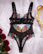 Colorful Flower Embroidery Sexy Lace Underwire Gathered Mesh Bodysuit