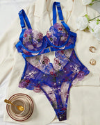 Colorful Flower Embroidery Sexy Lace Underwire Gathered Mesh Bodysuit