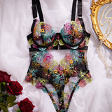 Colorful Flower Embroidery Sexy Lace Underwire Gathered Mesh Bodysuit