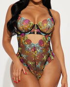 Colorful Flower Embroidery Sexy Lace Underwire Gathered Mesh Bodysuit