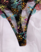 Colorful Flower Embroidery Sexy Lace Underwire Gathered Mesh Bodysuit