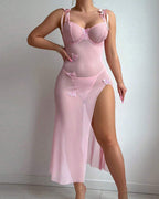 Butterfly Applique Mesh Sheer Slit Fitted Camisole Nightdress and Thong Set