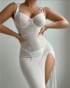 Butterfly Applique Mesh Sheer Slit Fitted Camisole Nightdress and Thong Set