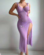 Butterfly Applique Mesh Sheer Slit Fitted Camisole Nightdress and Thong Set