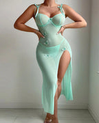 Butterfly Applique Mesh Sheer Slit Fitted Camisole Nightdress and Thong Set