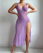 Butterfly Applique Mesh Sheer Slit Fitted Camisole Nightdress and Thong Set