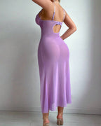 Butterfly Applique Mesh Sheer Slit Fitted Camisole Nightdress and Thong Set