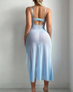 Butterfly Applique Mesh Sheer Slit Fitted Camisole Nightdress and Thong Set