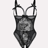 Sexy Flower Lace Mesh Stitching Chest Hollow Open Crotch One-Piece Pajamas