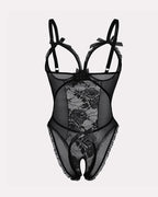 Sexy Flower Lace Mesh Stitching Chest Hollow Open Crotch One-Piece Pajamas