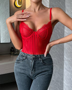 Mesh Striped Lace Trim Crotchless Hidden Button Bodysuit