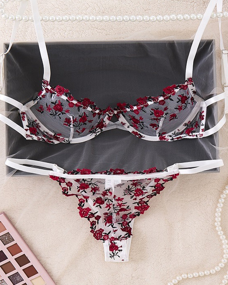 Lace Flower Embroidery Sexy Lingerie Set