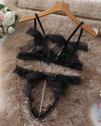 Lace Mesh Bow Tie Pearl Decoration Lingerie Set