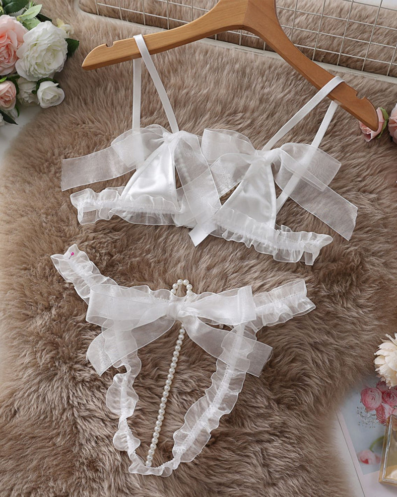 Lace Mesh Bow Tie Pearl Decoration Lingerie Set