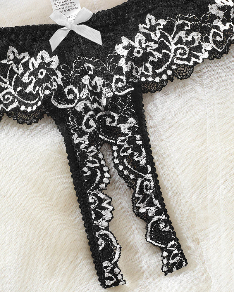 Sexy Lace Mesh Open Crotch Hollow Bra Underwear Set