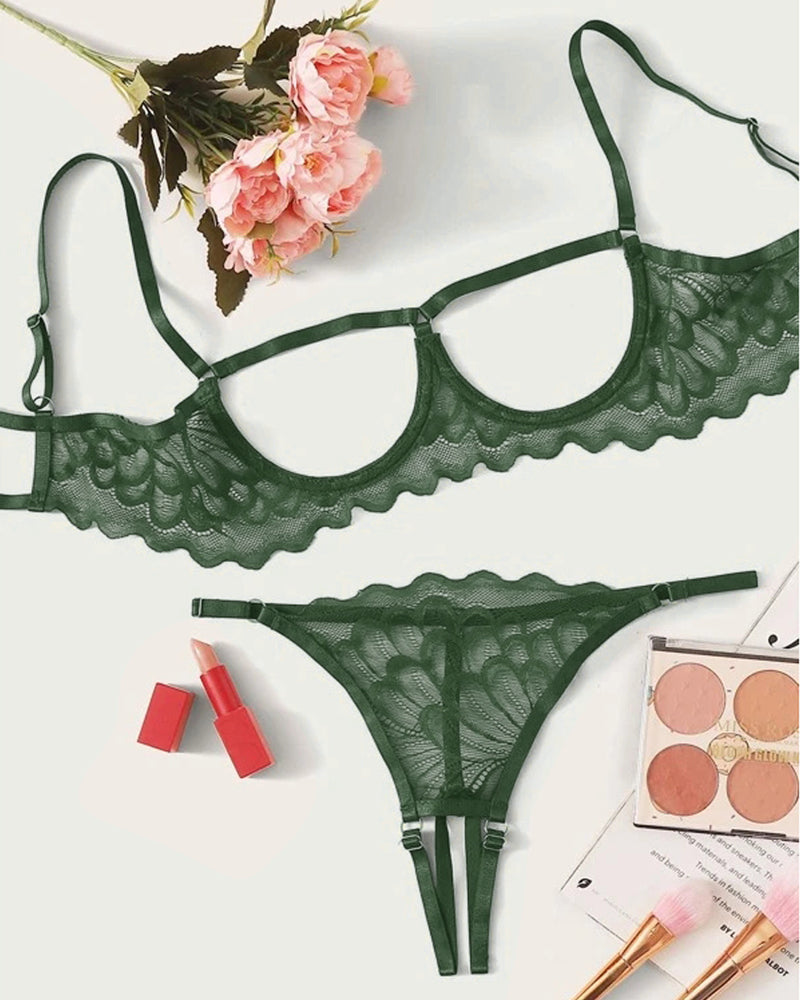 Sexy Lace Hollow Anti-Sagging Bra and Crotchless Thong Set
