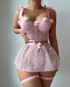 Heart-Shaped Sheer Mesh and 3D Flower Decorative Pajama Set with Fishnet Socks