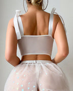 Heart-Shaped Sheer Mesh and 3D Flower Decorative Pajama Set with Fishnet Socks