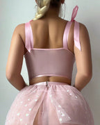 Heart-Shaped Sheer Mesh and 3D Flower Decorative Pajama Set with Fishnet Socks