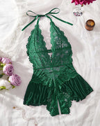 Sexy Hollow Lace See-through Suspenders Open Crotch One-piece Pajamas
