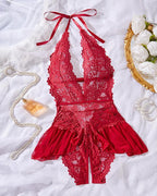 Sexy Hollow Lace See-through Suspenders Open Crotch One-piece Pajamas