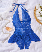 Sexy Hollow Lace See-through Suspenders Open Crotch One-piece Pajamas