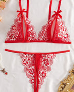 Sexy Floral Lace Exposed Breast Bra and Crotchless Thong Panty Set