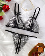 Sexy Floral Lace Exposed Breast Bra and Crotchless Thong Panty Set